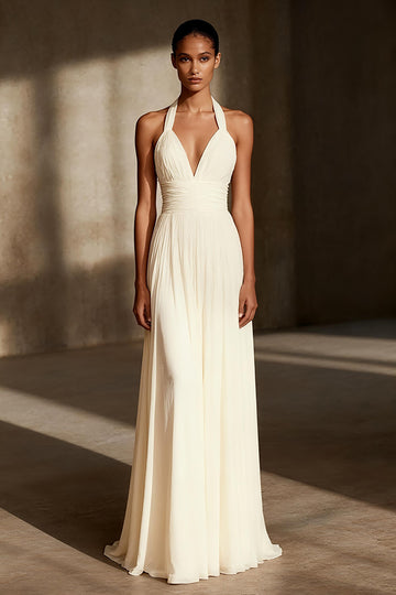 Ivory Halter A Line Pleated Evening Dress